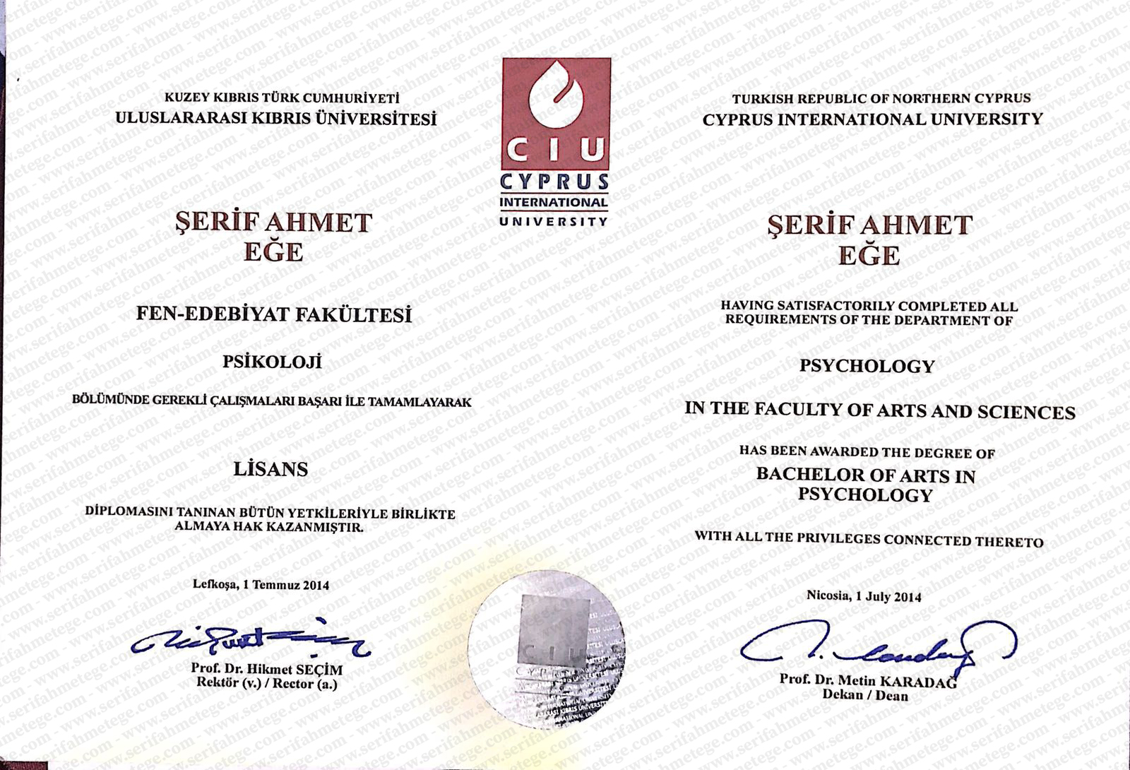 Uluslararası Kıbrıs Üniversitesi Lisans Diploması